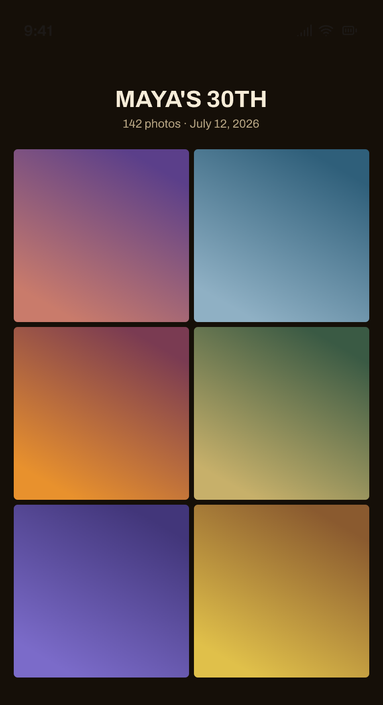 The public gallery — the big reveal, a clean grid everyone can browse and save from.