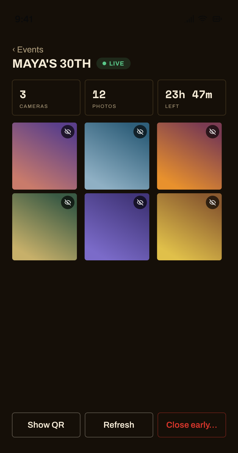 The host's live feed, now speaking the design system — stat tiles, the green LIVE tag, and photos arriving.