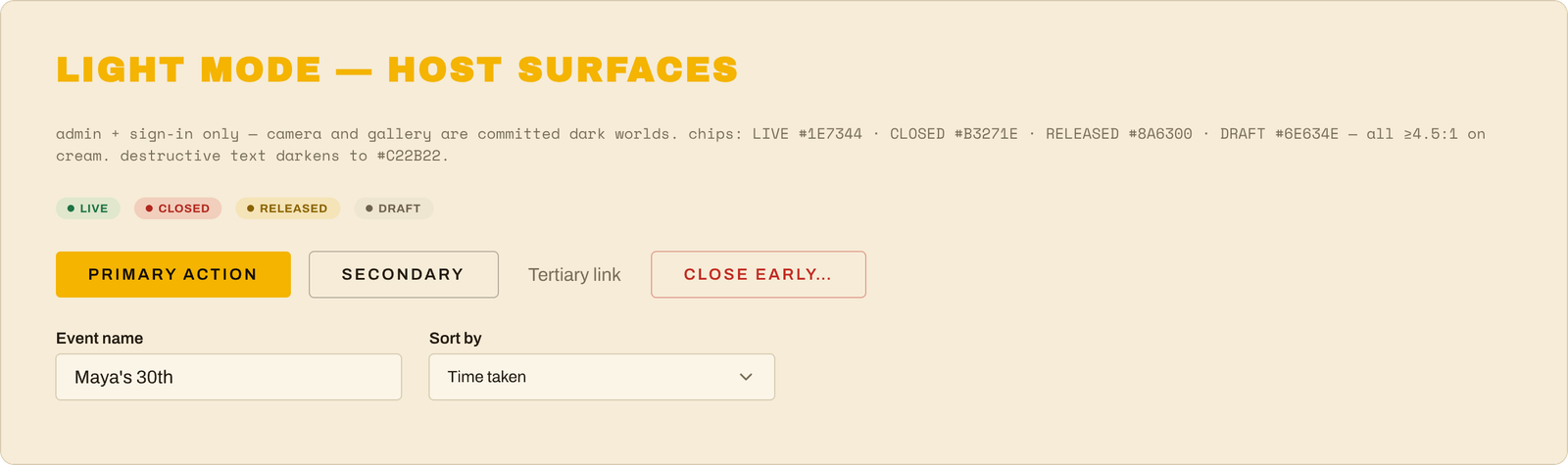The design system's new Light Mode reference for the host surfaces — status tags deepened until each passes the contrast bar on cream.